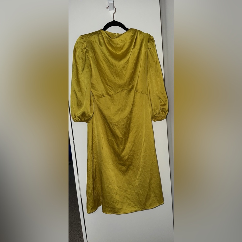 Boohoo Mustard Satin Puff-Sleeve Midi Dress